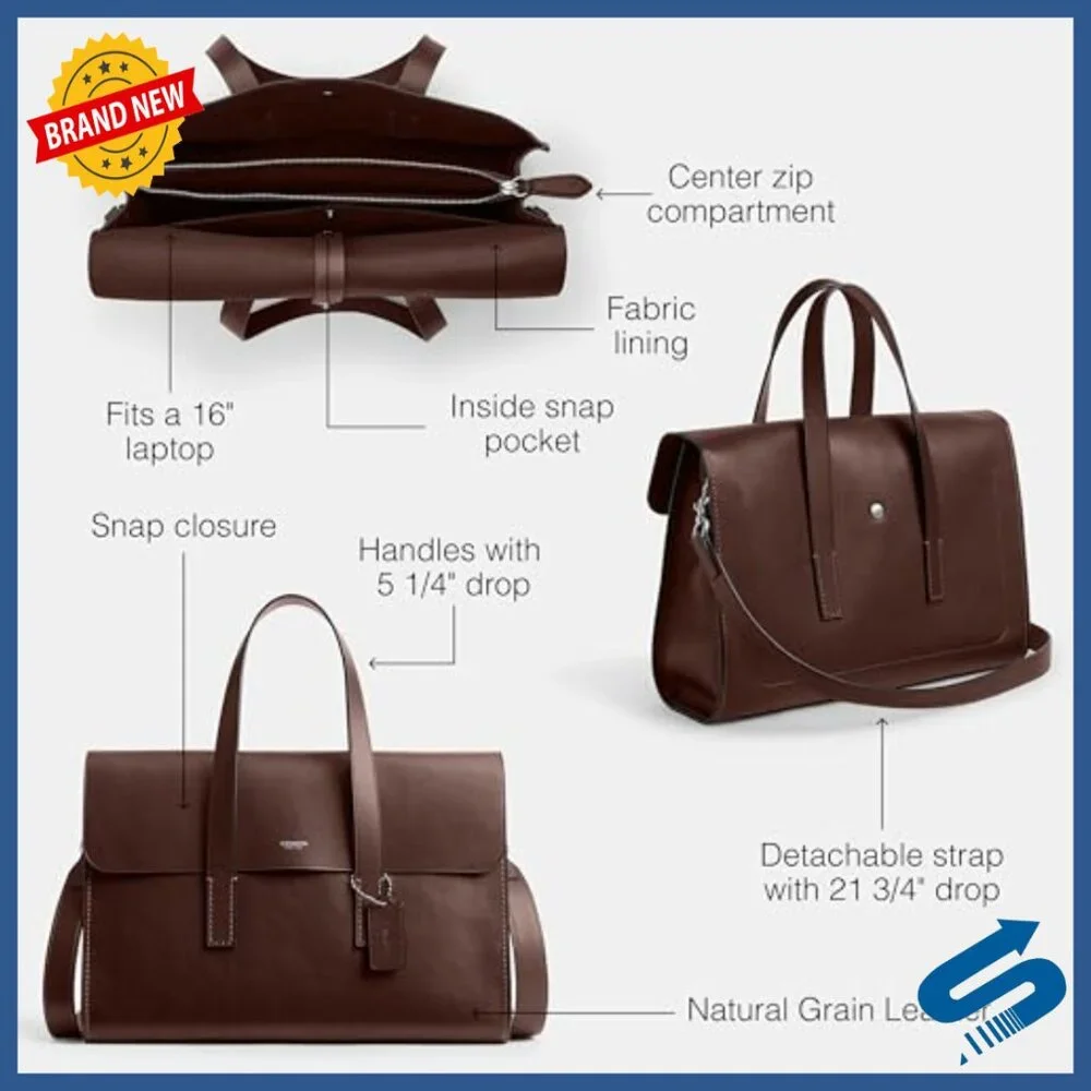 Leather Messenger Bag with Laptop Compartment Detachable Strap